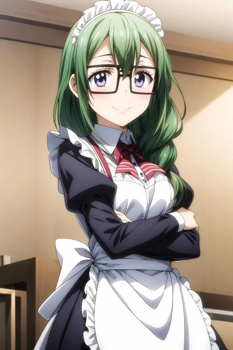 1girl, indigo eyes, smile, solo, green hair, single braid, glasses, looking at viewer, maid dress, frills, long sleeves, meiko_otsuka, <lora:add_detail:0.7>