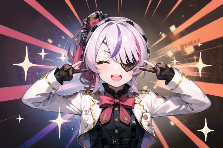 <lora:EmoEng-10:1>, <lyco:GoodHands-beta2:1.0>, <lora:Niji_maria-10:1>
EmoEng, EmoEng, 1girl, maira,, eyepatch, doll joints, double v, sparkle, starts, flat chest, smile, closed eyes, open mouth, can't be this cute, virtual youtuber, nijisanji en, maria marionette, school uniform, collared shirt, black dress shirt, pink bowtie, long sleeves, cropped jacket, shirt tucked in, black belts, checkered brown, black skirt, black fishnet gloves, white jacket,