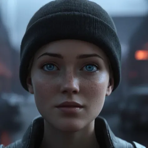 professional 3d model of  <lora:LoDe+Ro style:1>
a woman with a beanie on her head,solo,blue eyes,1boy,male focus,parted lips,blurry,portrait,freckles,realistic,LoDe+Robots Style,Love Death + Robots style,Love,Death & Robots style,animated,horror,dark,black,apocalyptic,dystopian,domination,cool light,closeup , dramatic light, cyberpunk, LoDe+Ro style, octane render, highly detailed, volumetric, dramatic lighting