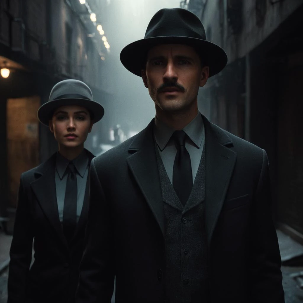 cinematic film still of  <lora:LoDe+Ro style:1>
a man and a woman in hats standing in a dark alley,looking at viewer,short hair,shirt,black hair,gloves,1boy,hat,closed mouth,jacket,male focus,multiple boys,necktie,black gloves,collared shirt,indoors,2boys,blurry,black jacket,black headwear,blurry background,facial hair,black necktie,realistic,mustache,fedora,LoDe+Robots Style,Love Death + Robots style,Love,Death & Robots style,animated,horror,dark,black,apocalyptic,dystopian,domination,film noir,detective noir , dramatic light, cyberpunk, LoDe+Ro style, shallow depth of field, vignette, highly detailed, high budget, bokeh, cinemascope, moody, epic, gorgeous, film grain, grainy