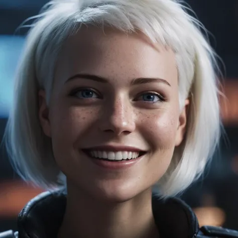 cinematic film still of <lora:LoDe+Ro style:1>
a woman with a white hair and a black top,1girl,solo,looking at viewer,smile,short hair,blue eyes,blonde hair,teeth,grin,blurry,lips,blurry background,portrait,freckles,realistic,LoDe+Robots Style,Love Death + Robots style,Love,Death & Robots style,animated,horror,dark,black,apocalyptic,dystopian,domination,closeup,blonde,smile,teeth,milf , dramatic light, cyberpunk, LoDe+Ro style, shallow depth of field, vignette, highly detailed, high budget, bokeh, cinemascope, moody, epic, gorgeous, film grain, grainy
