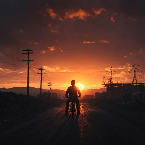 cinematic film still of  <lora:LoDe+Ro style:1>
a man standing in front of a sunset,solo,1boy,sitting,male focus,outdoors,sky,cloud,from behind,ground vehicle,building,scenery,lens flare,sunset,sun,silhouette,power lines,bicycle,LoDe+Robots Style,Love Death + Robots style,Love,Death & Robots style,animated,horror,dark,black,apocalyptic,dystopian,domination,orange sunset,red orange sunset , dramatic light, cyberpunk, LoDe+Ro style, shallow depth of field, vignette, highly detailed, high budget, bokeh, cinemascope, moody, epic, gorgeous, film grain, grainy