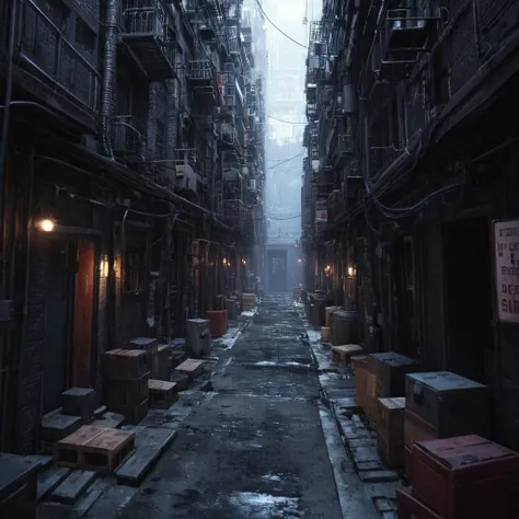 professional 3d model of <lora:LoDe+Ro style:1>
a narrow alley with a lot of buildings,outdoors,no humans,building,scenery,city,sign,LoDe+Robots Style,Love Death + Robots style,Love,Death & Robots style,animated,horror,dark,black,apocalyptic,dystopian,domination,low angle from below,city block , dramatic light, cyberpunk, LoDe+Ro style, octane render, highly detailed, volumetric, dramatic lighting