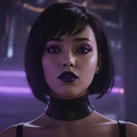 professional 3d model of <lora:LoDe+Ro style:1>
a woman with a black choke and a purple eye makeup,1girl,solo,black hair,brown eyes,parted lips,choker,nail polish,blurry,tattoo,profile,makeup,lipstick,black nails,eyeshadow,reflection,mascara,black lips,applying makeup,LoDe+Robots Style,Love Death + Robots style,Love,Death & Robots style,animated,horror,dark,black,apocalyptic,dystopian,domination,closeup , dramatic light, cyberpunk, LoDe+Ro style, octane render, highly detailed, volumetric, dramatic lighting