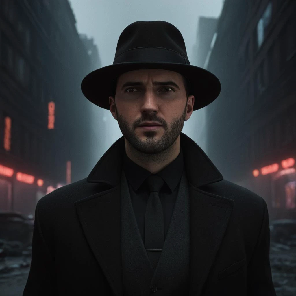 professional 3d model of <lora:LoDe+Ro style:1>
a man wearing a hat and a black coat,solo,looking at viewer,1boy,hat,brown eyes,closed mouth,male focus,black headwear,facial hair,portrait,realistic,stubble,LoDe+Robots Style,Love Death + Robots style,Love,Death & Robots style,animated,horror,dark,black,apocalyptic,dystopian,domination,detective noir,film noir , dramatic light, cyberpunk, LoDe+Ro style, octane render, highly detailed, volumetric, dramatic lighting