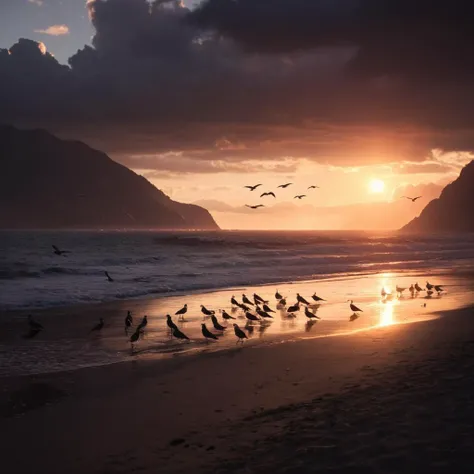 cinematic film still of <lora:LoDe+Ro style:1>
a sunset over the ocean with a group of birds on the beach,outdoors,sky,cloud,water,no humans,sunlight,scenery,reflection,sunset,mountain,sun,LoDe+Robots Style,Love Death + Robots style,Love,Death & Robots style,animated,horror,dark,black,apocalyptic,dystopian,domination , dramatic light, cyberpunk, LoDe+Ro style, shallow depth of field, vignette, highly detailed, high budget, bokeh, cinemascope, moody, epic, gorgeous, film grain, grainy