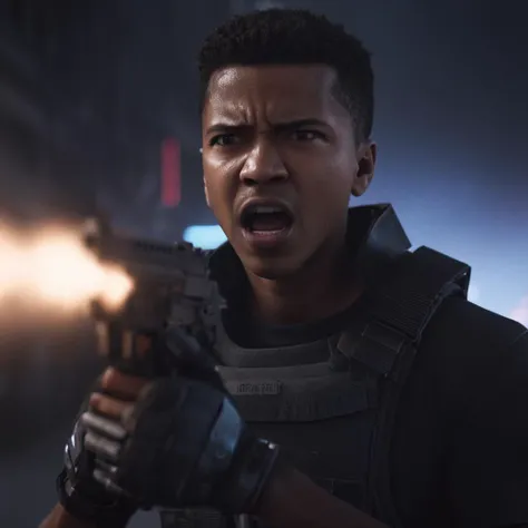 cinematic film still of <lora:LoDe+Ro style:1>
a man with a gun in his hand,solo,open mouth,gloves,1boy,holding,weapon,male focus,teeth,blurry,gun,depth of field,realistic,police,LoDe+Robots Style,Love Death + Robots style,Love,Death & Robots style,animated,horror,dark,black,apocalyptic,dystopian,domination,black person,short hair,angry,rage,staring at camera , dramatic light, cyberpunk, LoDe+Ro style, shallow depth of field, vignette, highly detailed, high budget, bokeh, cinemascope, moody, epic, gorgeous, film grain, grainy