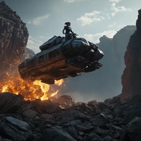 cinematic film still of <lora:LoDe+Ro style:1>
a spaceship flying over a bunch of rocks,1girl,ground vehicle,scenery,motor vehicle,science fiction,space,planet,motorcycle,LoDe+Robots Style,Love Death + Robots style,Love,Death & Robots style,animated,horror,dark,black,apocalyptic,dystopian,domination,fire explosion,explosion in background , dramatic light, cyberpunk, LoDe+Ro style, shallow depth of field, vignette, highly detailed, high budget, bokeh, cinemascope, moody, epic, gorgeous, film grain, grainy