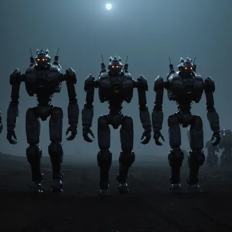 professional 3d model of <lora:LoDe+Ro style:1>
a group of mecha walking in the dark hazy field at night with flashes on,no humans,robot,mecha,science fiction,LoDe+Robots Style,Love Death + Robots style,Love,Death & Robots style,animated,horror,dark,black,apocalyptic,dystopian,domination , dramatic light, cyberpunk, LoDe+Ro style, octane render, highly detailed, volumetric, dramatic lighting