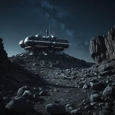 professional 3d model of <lora:LoDe+Ro style:1>
a space station in a rocky area with a lot of rocks,monochrome,outdoors,sky,no humans,night,building,star (sky),night sky,scenery,starry sky,LoDe+Robots Style,Love Death + Robots style,Love,Death & Robots style,animated,horror,dark,black,apocalyptic,dystopian,domination , dramatic light, cyberpunk, LoDe+Ro style, octane render, highly detailed, volumetric, dramatic lighting