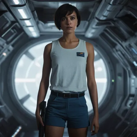 cinematic film still of <lora:LoDe+Ro style:1>
a woman in a space station with a gun,1girl,solo,looking at viewer,short hair,brown hair,brown eyes,shorts,indoors,dark skin,dark-skinned female,short shorts,from above,tank top,science fiction,blue shorts,realistic,very short hair,LoDe+Robots Style,Love Death + Robots style,Love,Death & Robots style,animated,horror,dark,black,apocalyptic,dystopian,domination,flying in space,flying in air,sleeveless white shirt,short hair , dramatic light, cyberpunk, LoDe+Ro style, shallow depth of field, vignette, highly detailed, high budget, bokeh, cinemascope, moody, epic, gorgeous, film grain, grainy