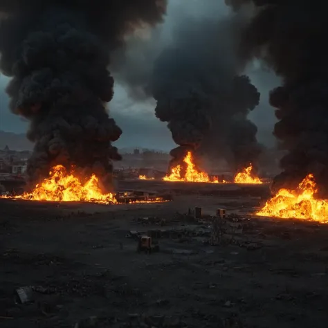 professional 3d model of <lora:LoDe+Ro style:1>
a fire is burning in a small city,no humans,fire,scenery,explosion,firing,LoDe+Robots Style,Love Death + Robots style,Love,Death & Robots style,animated,horror,dark,black,apocalyptic,dystopian,domination , dramatic light, cyberpunk, LoDe+Ro style, octane render, highly detailed, volumetric, dramatic lighting