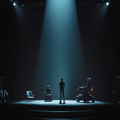 cinematic film still of <lora:LoDe+Ro style:1>
a man standing on a stage with a light on,1girl,solo,chair,scenery,silhouette,LoDe+Robots Style,Love Death + Robots style,Love,Death & Robots style,animated,horror,dark,black,apocalyptic,dystopian,domination,high angle from above , dramatic light, cyberpunk, LoDe+Ro style, shallow depth of field, vignette, highly detailed, high budget, bokeh, cinemascope, moody, epic, gorgeous, film grain, grainy
