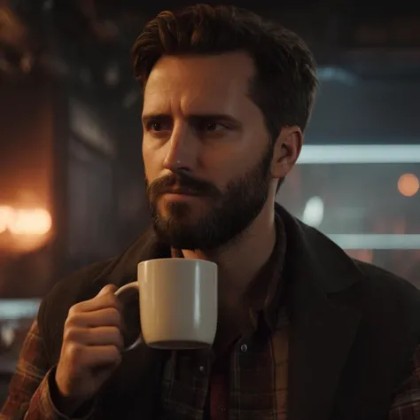 cinematic film still of <lora:LoDe+Ro style:1>
a man with a beard drinking from a mug,solo,looking at viewer,brown hair,shirt,1boy,holding,brown eyes,upper body,male focus,open clothes,cup,plaid,facial hair,red shirt,steam,holding cup,beard,mug,mustache,drinking,LoDe+Robots Style,Love Death + Robots style,Love,Death & Robots style,animated,horror,dark,black,apocalyptic,dystopian,domination , dramatic light, cyberpunk, LoDe+Ro style, shallow depth of field, vignette, highly detailed, high budget, bokeh, cinemascope, moody, epic, gorgeous, film grain, grainy