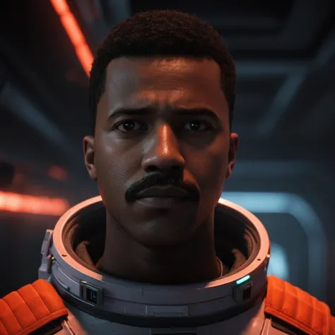 professional 3d model of <lora:LoDe+Ro style:1>
a man in a space suit stares at the camera,solo,black hair,1boy,male focus,dark skin,black eyes,looking to the side,facial hair,dark-skinned male,portrait,realistic,mustache,very short hair,LoDe+Robots Style,Love Death + Robots style,Love,Death & Robots style,animated,horror,dark,black,apocalyptic,dystopian,domination,black man with mustache in a dark room,red light,red spots , dramatic light, cyberpunk, LoDe+Ro style, octane render, highly detailed, volumetric, dramatic lighting