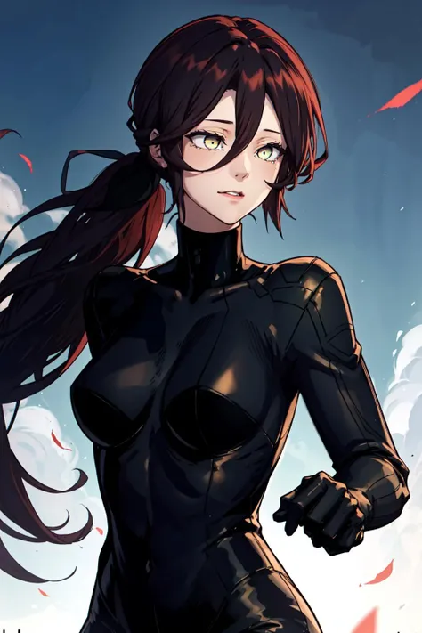 masterpiece, best quality, absurdres, perfect anatomy, beautiful background, beautiful face, beautiful eyes, beautiful body, upper body, Standing with one arm extended, YooSungeun, 1girl, solo, long hair, brown hair, long sleeves, hair between eyes, very long hair, yellow eyes, ponytail, pants, bodysuit, black pants, black bodysuit, black gloves, <lora:YooSungeun:0.85>