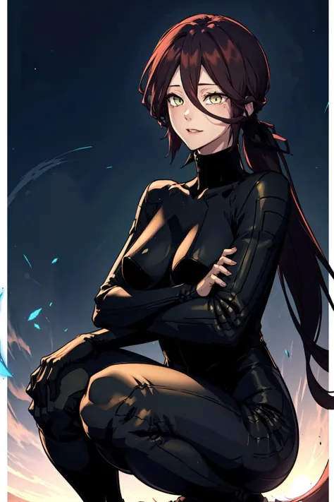 masterpiece, best quality, absurdres, perfect , beautiful background, beautiful face, beautiful eyes, beautiful body, upper body,  Squatting with arms hanging between knees, YooSungeun, 1girl, solo, long hair, happy, brown hair, long sleeves, hair between eyes, very long hair, yellow eyes, ponytail, pants, , black pants, black   <lora:YooSungeun:0.85>