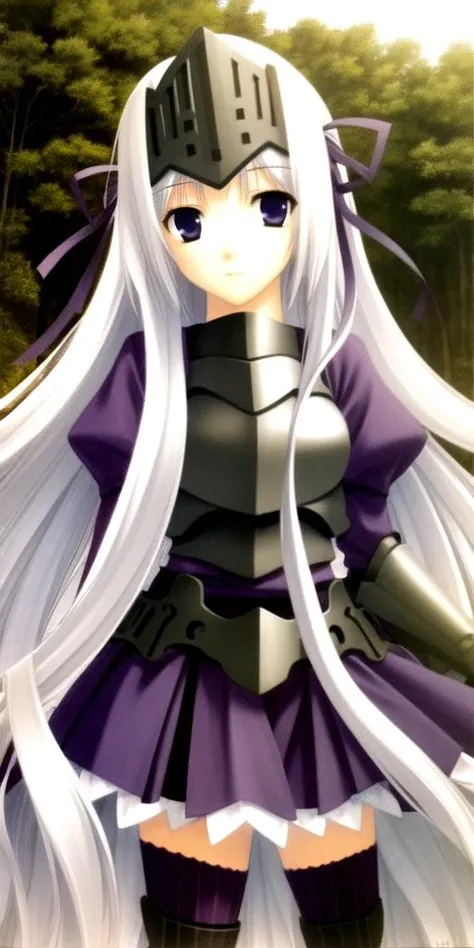(((ultra-high-definition, ultra-human-realistic, the-person-in-question))) 1girl, outdoors  <lora:eucliwood_hellscythe:1> little-child-eucliwood hellscythe, long hair, blue eyes, ribbon, visor (armor), hair ribbon, armor, white hair, very long hair, gauntlets, long sleeves, striped-dress, puffy sleeves, juliet sleeves, breastplate, vambraces, armored dress, thighhighs