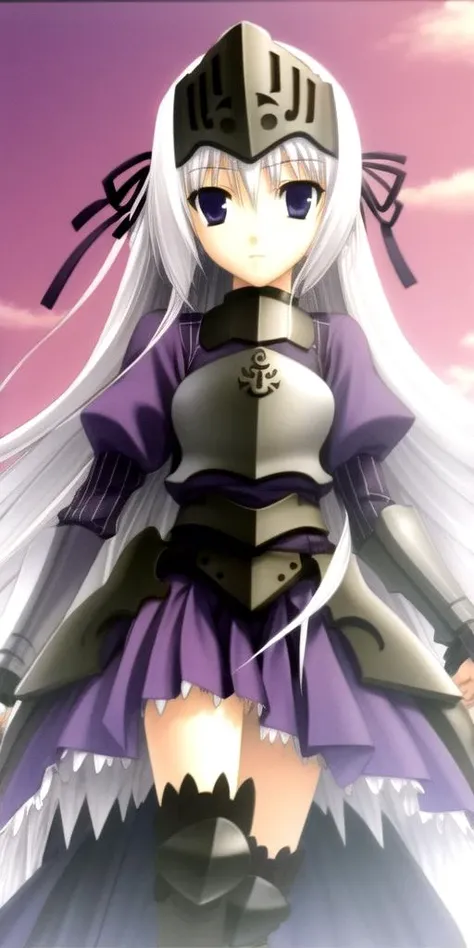 (((ultra-high-definition, ultra-human-realistic, the-person-in-question))) 1girl, outdoors <lora:eucliwood_hellscythe:1> little-child-eucliwood hellscythe, long hair, blue eyes, ribbon, visor (armor), hair ribbon, armor, white hair, very long hair, gauntlets, long sleeves, striped-dress, puffy sleeves, juliet sleeves, breastplate, vambraces, armored dress, thighhighs