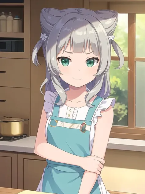 best quality, (masterpiece:1.2), highly detailed, (masterpiece), (illustration),
kitchen, indoor,
standing, (face focus:1.2), face, upper body,
nuke apron, sleeveless, frills, collarbone,
1girl, solo, green eyes, grey hair, hair ornament, bangs, virtual youtuber, sparkle, blunt bangs, double bun, animal ears, lens flare, flat chest,
shy, blush, (looking at viewer), smile,
<lora:Mia:0.7>