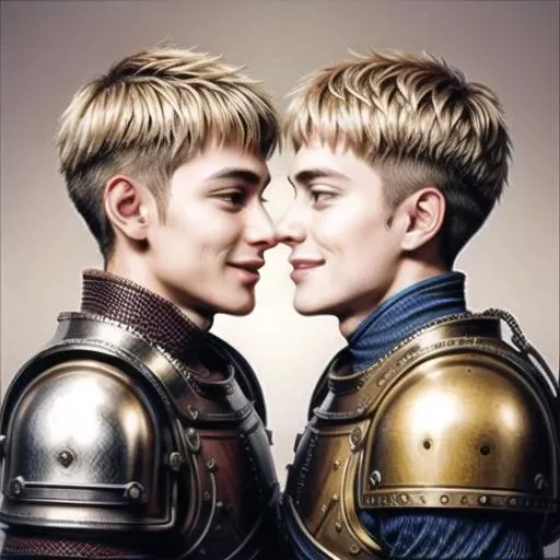 Gay love between two medieval knights, blonde hair, smiling