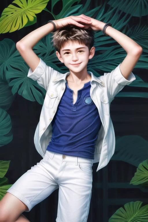 BOY , tight shorts white jeans,open shirt blue,bulge,stand,legs apart,hands on the head,full body,smile, tropical,mikhail, <lora:shun_hashimoto:1>
