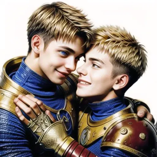 Gay love between two medieval knights, blonde hair, smiling