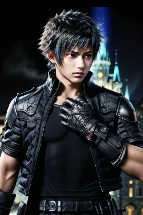 masterpiece,best quality,Highres,Realistic,RAW photo,1boy,noctis,yaoi,18 years old,no shirt,nude,very very handsome,perfect face,cute face,extremly detailed face,perfect hands,5 fingers,fingerless gloves,pecs,full body,penis,ornate futuristic castle background,Professional photography,Sharp focus,8k,