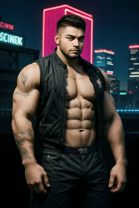 (Masterpiece, best quality:1.2), Animal-personified bear as a gangster, with a bear face and human body. He has a muscular build and tattoos on his body.  with tall buildings behind him and neon lights flashing. muscular-build, city-scape, tall-buildings, neon-lights