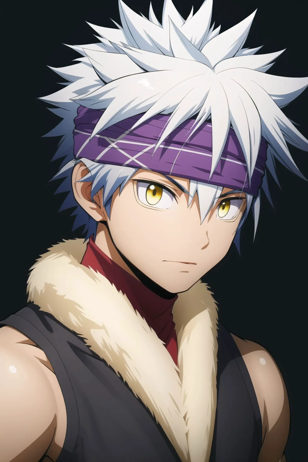 masterpiece, best quality, high quality, official art, unity wallpaper, 8k,
1boy, solo, male focus, looking at viewer, upper body,
horibe_itona, yellow eyes, white hair, headband, spiked hair, hair between eyes, fur trim
realistic,
<lora:horibe_itona:0.72>,