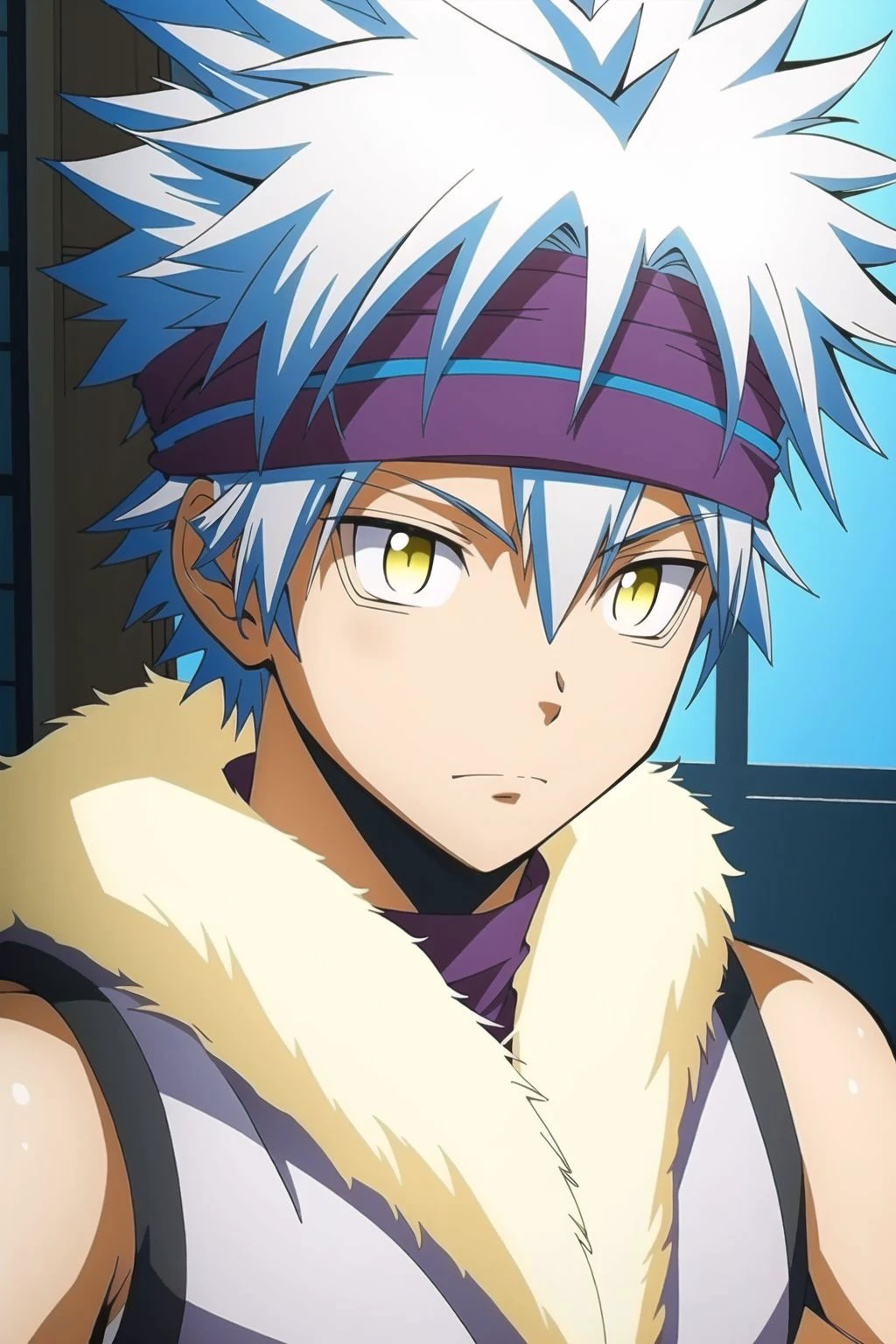 masterpiece, best quality, high quality, official art, unity wallpaper, 8k,
1boy, solo, male focus, looking at viewer, upper body,
horibe_itona, yellow eyes, white hair, headband, spiked hair, hair between eyes, fur trim
<lora:horibe_itona:0.72>,