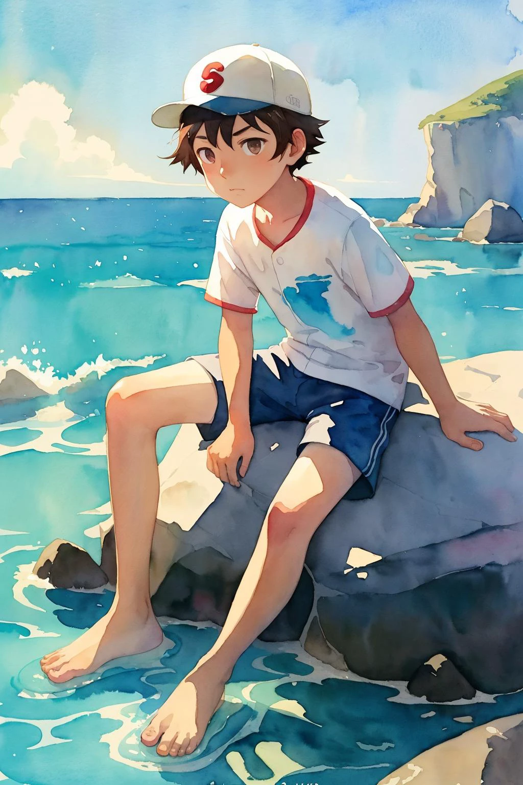 (by Atey Ghailan:1.01), (by Fumita Yanagida:1.18), (in style of watercolor pencil:1.2), (solo), a younger (boy) is (male ) of age 1eball cap, short sleeves, long shorts, barefoot, brown eyes, sitting on large rock, rocks, sea, looking sideway, emotionless, best quality, (close-up),