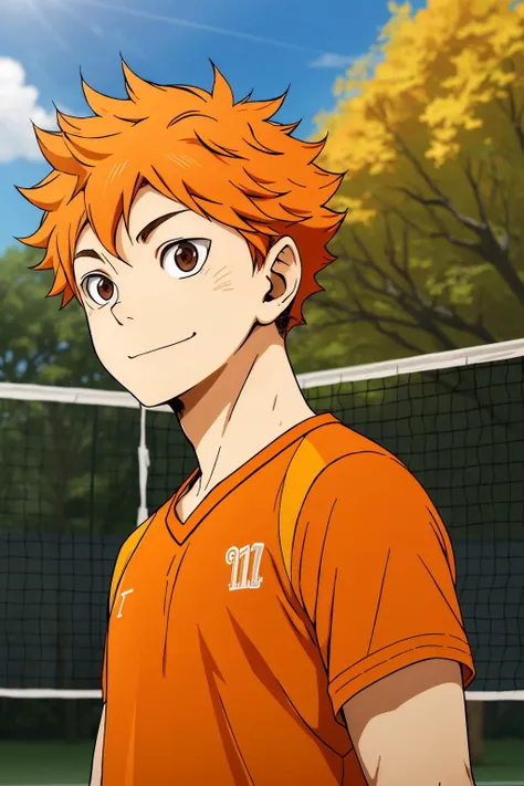 <lora:ShouyouHinataV2:0.6>,high res, masterpiece, Shouyou Hinata , orange hair, solo, 1boy, male, volleyball court, outside,blue sky, woods, , detailed eyes,