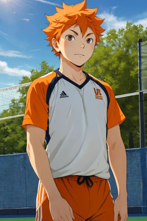 <lora:ShouyouHinataV2:0.6>,high res, masterpiece, Shouyou Hinata , orange hair, solo, 1boy, male, volleyball court, outside,blue sky, woods, , detailed eyes,