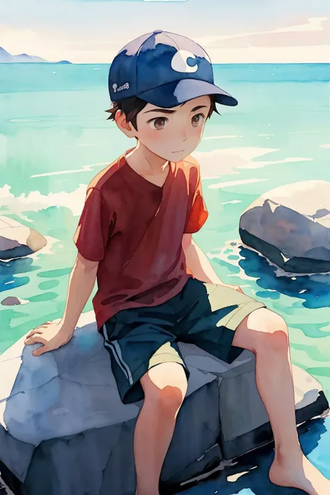 (by Atey Ghailan:1.01), (by Fumita Yanagida:1.18), (in style of watercolor pencil:1.2), (solo), a younger (boy) is (male ) of age 1eball cap, short sleeves, long shorts, barefoot, brown eyes, sitting on large rock, rocks, sea, looking sideway, emotionless, best quality, (close-up),