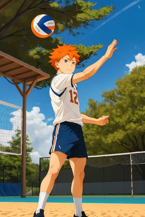 <lora:ShouyouHinataV2:0.6>,high res, masterpiece, Shouyou Hinata , orange hair, solo, 1boy, male, volleyball court, outside,blue sky, woods, , detailed eyes, white socks, solo male focus, full body view