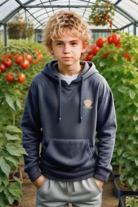a boy, european, blonde messy hair, hoodie, pants, standing in a greenhouse surrounded by tomato bushes, natural lighting, <lora:hs_messyHair:0.8>