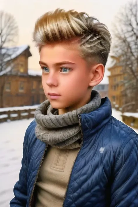 a boy, european, blonde quiff hairstyle, slim body, winter jacket, scarf, pants, winter scenery,, natural lighting, <lora:hs_quiff:0.8>