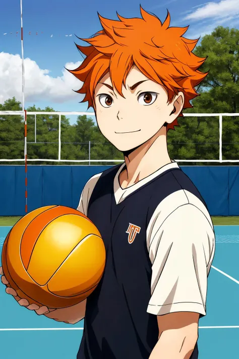 <lora:ShouyouHinataV2:0.6>,high res, masterpiece, Shouyou Hinata , orange hair, solo, 1boy, male, volleyball court, outside,blue sky, woods, , detailed eyes,