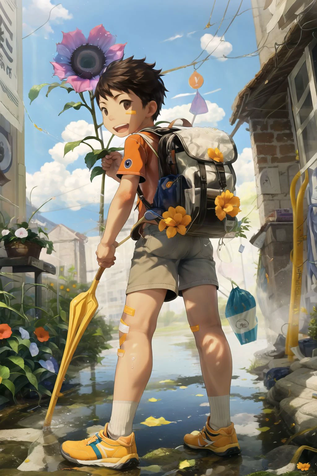 solo, looking at viewer, smile, short hair, open mouth, brown hair, shirt, black hair, 1boy, holding, standing, flower, short sleeves, :d, male focus, outdoors, sky, shoes, shorts, day, socks, looking back, cloud, water, bag, from behind, black eyes, blue sky, leaf, umbrella, backpack, bug, plant, red shirt, sneakers, child, bandaid, pink flower, holding umbrella, fence, purple flower, sunflower, randoseru, male , rainbow, brown shorts, bandaid on leg, closed umbrella, hydrangea, bandaid on knee, puddle, hose, morning glory,
<lora:noeyebrow:1>