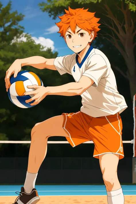 <lora:ShouyouHinataV2:0.6>,high res, masterpiece, Shouyou Hinata , orange hair, solo, 1boy, male, volleyball court, outside,blue sky, woods, , detailed eyes, white socks, solo male focus, full body view