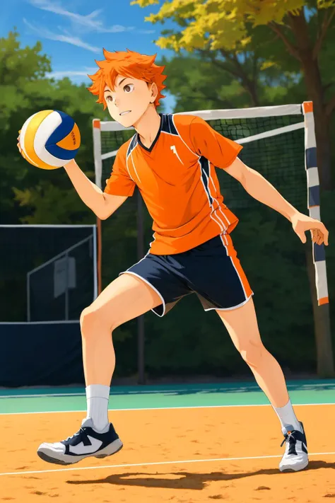 <lora:ShouyouHinataV2:0.6>,high res, masterpiece, Shouyou Hinata , orange hair, solo, 1boy, male, volleyball court, outside,blue sky, woods, , detailed eyes, white socks, solo male focus, full body view