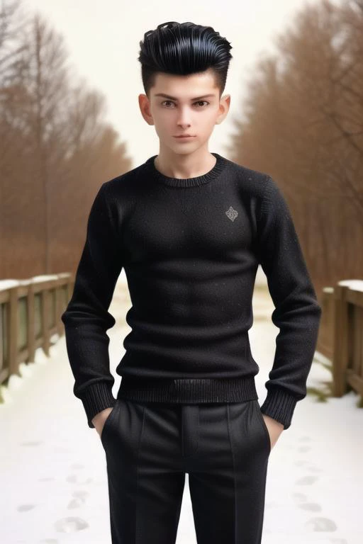 a boy, european, black quiff hairstyle, slim body, winter sweater, pants, winter scenery, natural lighting, <lora:hs_quiff:0.8>