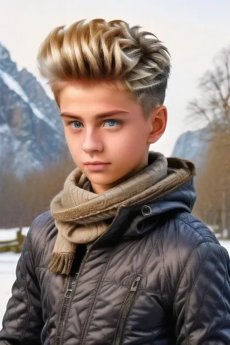 a boy, european, blonde quiff hairstyle, slim body, winter jacket, scarf, pants, winter scenery,, natural lighting, <lora:hs_quiff:0.8>