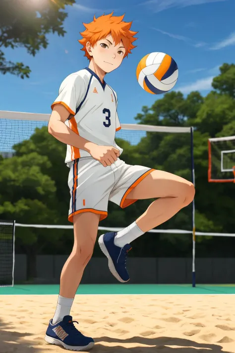 <lora:ShouyouHinataV2:0.6>,high res, masterpiece, Shouyou Hinata , orange hair, solo, 1boy, male, volleyball court, outside,blue sky, woods, , detailed eyes, white socks, solo male focus, full body view