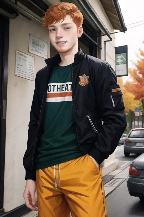 candid photograph, slender dg_Finn <lora:dg_Finn_v1:0.8> 18yo 1boy, ginger facial stubble, , homoerotic, detailed realistic face, jacket, t-shirt, pants, autumn, laughing,