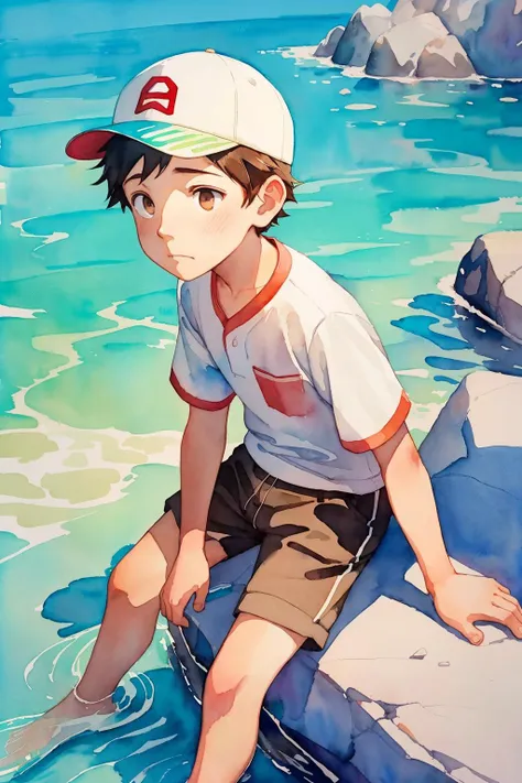 (by Atey Ghailan:1.01), (by Fumita Yanagida:1.18), (in style of watercolor pencil:1.2), (solo), a younger (boy) is (male child) of age 11, baseball cap, short sleeves, long shorts, barefoot, brown eyes, sitting on large rock, rocks, sea, looking sideway, emotionless, best quality, (close-up),