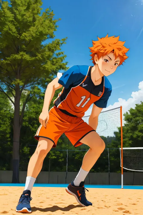 <lora:ShouyouHinataV2:0.6>,high res, masterpiece, Shouyou Hinata , orange hair, solo, 1boy, male, volleyball court, outside,blue sky, woods, , detailed eyes,