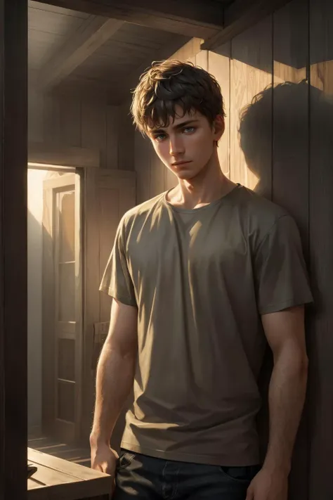 Boy 15 years old in a dark gray t-shirt, next to a wooden wall, day, hyper_realistic, high_detail, skin texture, epic realistic, (dark shot:1.22), neutral colors, (hdr:1.4), (muted colors:1.4), (intricate), (artstation:1.2), dramatic, intricate details, (technicolor:0.9), detailed, [[rutkowski]], intricate, cinematic, detailed, (dark shot:1.17), epic realistic, faded, ((neutral colors)), art, (hdr:1.5), (muted colors:1.2), hyperdetailed, (artstation:1.5), cinematic, warm lights, dramatic light, (intricate details:1.1), complex background, (rutkowski:0.8), (teal and orange:0.4)