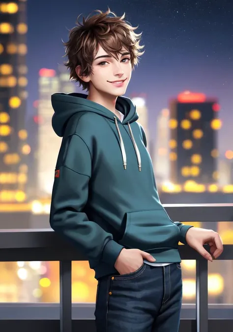 gay, cuteface, cute, young adult, twink, cute smile, 1boy, slim, standing, realistic, hands, messy hair, city, balcony, skyscrapers, night time, city lights, vibrant, two thirds body, ((masterpiece)),((best quality:1.2)),High Resolution,8k,(ultra_realistic:1.3),(photorealistic:1.4),sharp focus, extra wide-range, detailed background, depth of field, hoodie, hands in front pocket
